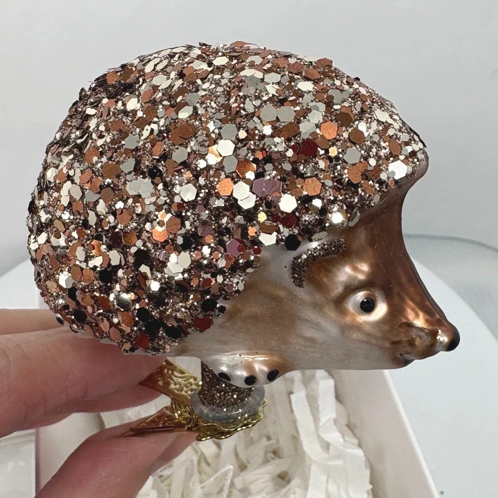Dagmara Poland Glass Hedgehog Christmas Ornament Clip On Glitter Bronze Brown